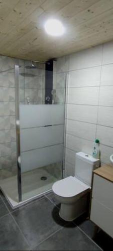 une salle de bain avec toilettes et douche en verre dans l'établissement Cahute de montagne pour profiter du Haut Jura, à Prémanon