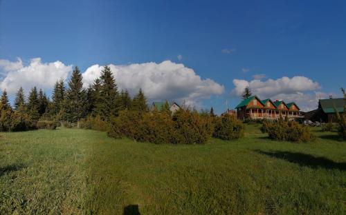 a large green field with a large house in the background at Green Top with jacuzzi in Žabljak