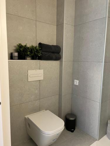a bathroom with a toilet and a plant on a shelf at Topdown Apartments in Hospitalet de Llobregat