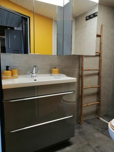 une salle de bain avec un lavabo et un miroir dans l'établissement Au Grain De Sel..., à Gruissan