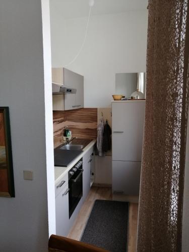 a small kitchen with white cabinets and a sink at Alberthof Zittau in Zittau