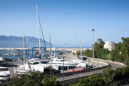 a bunch of boats parked in a marina at LOFT LUNGOMARE vista MARE e MONTI in Àrbatax