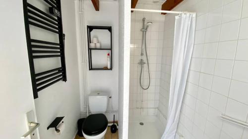 une salle de bain blanche avec toilettes et douche dans l'établissement Chez Antoinette, au Crotoy