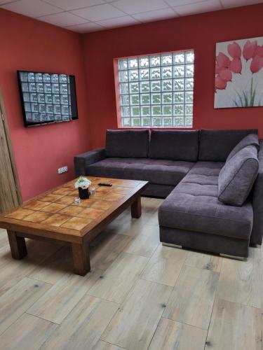 a living room with a couch and a coffee table at Apartamenty na 12 in Konstantynów Łódzki
