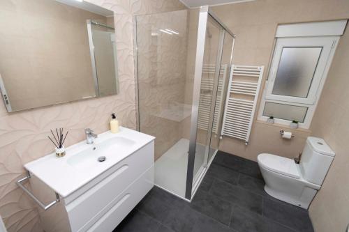 a bathroom with a sink and a toilet and a shower at Espectacular piso en casco histórico-plaza Don Gutierre in León