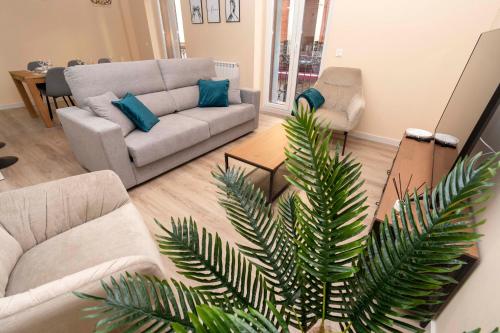 a living room with a couch and a palm tree at Espectacular piso en casco histórico-plaza Don Gutierre in León