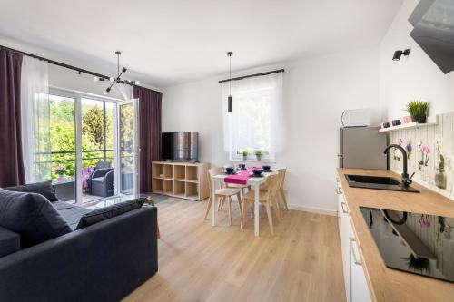 a living room and kitchen with a couch and a table at Apartamenty Wczasowa - z widokiem na góry, parkingiem, rowerownią in Kudowa-Zdrój