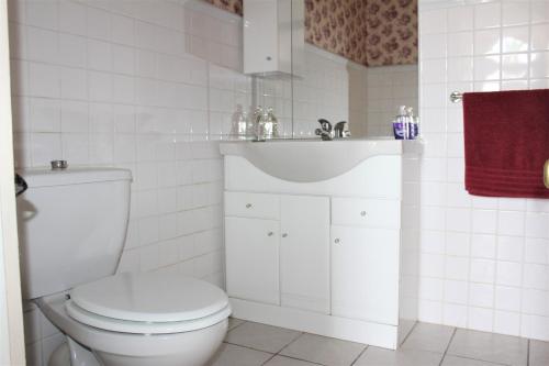a white bathroom with a toilet and a sink at La Maison du Passeur in Availles-Limouzine