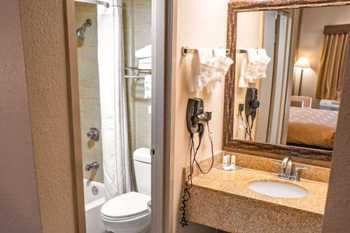 a bathroom with a sink and a toilet and a mirror at Quality Inn & Suites near Six Flags - Austell in Austell