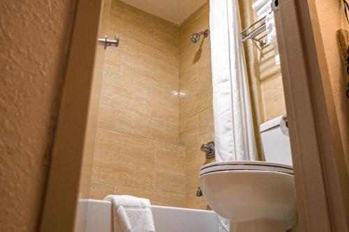 奧斯特爾的住宿－Quality Inn & Suites near Six Flags - Austell，浴室配有盥洗盆、卫生间和浴缸。