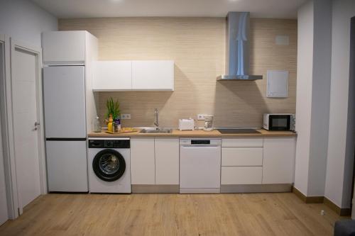a kitchen with white cabinets and a sink and a dishwasher at Alojamientos Ribera del Tajo in Talavera de la Reina