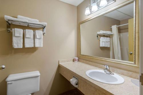 a bathroom with a sink and a mirror and a toilet at Econo Lodge in Regina