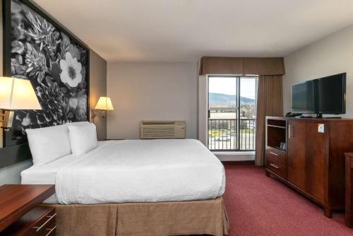 a hotel room with a bed and a large window at Quality Inn & Suites in Vernon