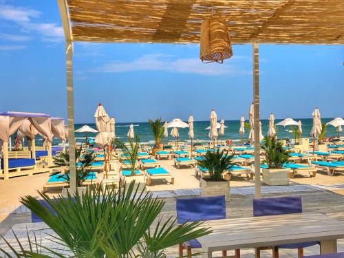 einen Strand mit Liegestühlen und Sonnenschirmen und dem Meer in der Unterkunft Blue Summerland Apartments in Mamaia
