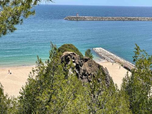 a view of a beach with a pier in the water at Lovely 2 bedroom with a pool in front of the beach in Sesimbra