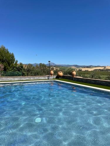 a large swimming pool with a view of the countryside at Casa Rural Finca las Tejoneras in Bornos