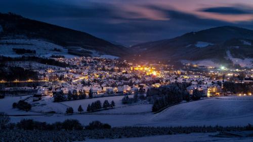 a city lit up in the snow at night at Parkhotel Olsberg in Olsberg