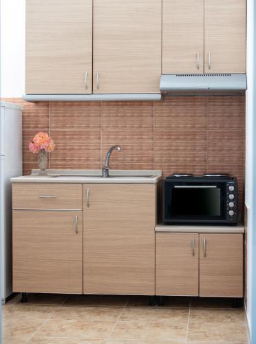 a kitchen with a sink and a microwave at Studios Halkia in Toroni