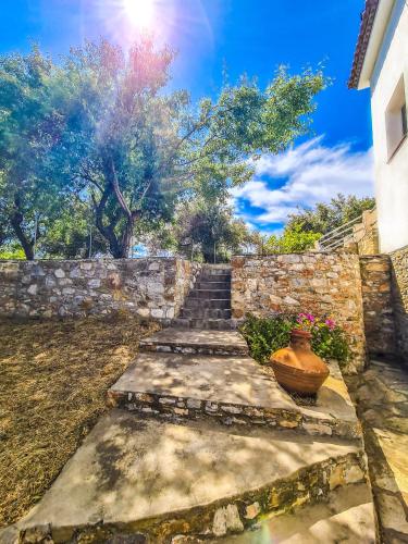 a stone stairway with a stone wall and a vase at Lionaki House in Skopelos Town