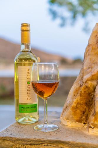 a bottle of wine sitting next to a glass at Θἔρως (Theros) house 3- Agios Fokas in Agios Sostis