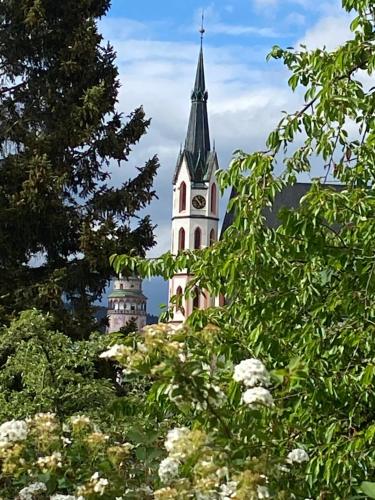 a church steeple with a clock tower behind some trees at Pension Wok in Český Krumlov