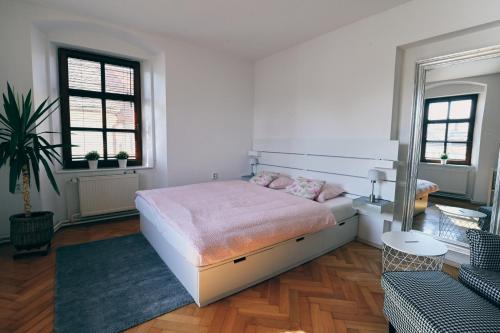una camera da letto con un letto con cuscini rosa di Kutna Hora new apartment a Kutná Hora