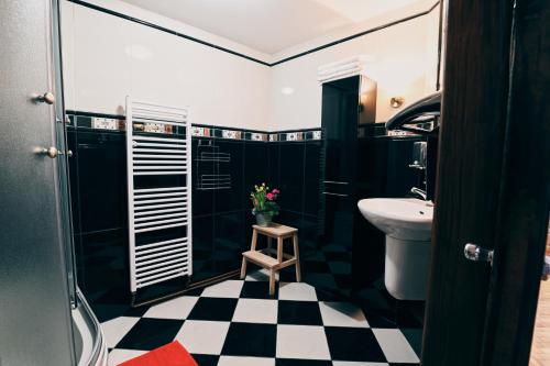 a bathroom with a black and white checkered floor at Kutná Hora Apartment in Kutná Hora