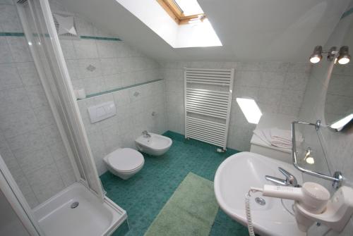 y baño con lavabo, aseo y ducha. en Galler am Berg, en San Candido