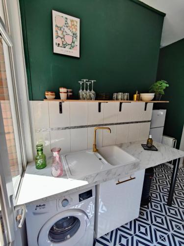 - une buanderie avec un évier et un lave-linge dans l'établissement Le Rainbow - Grand studio avec terrasse, à Dunkerque