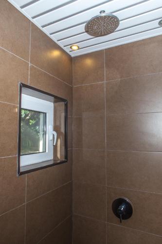 a bathroom with a shower with a mirror and a window at Vila Hrastovi in Sutomore