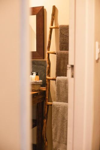 a bathroom with a towel rack with towels at Khashamongo B & B in Somerset West