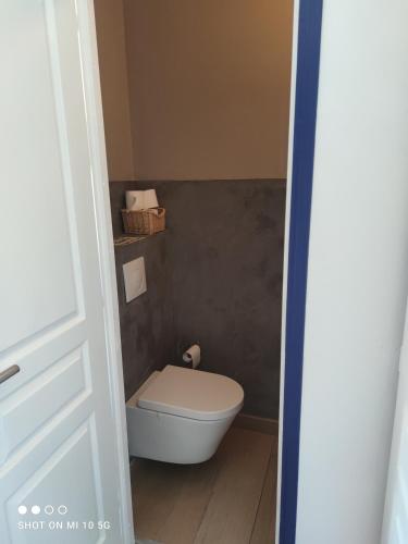 a bathroom with a white toilet in a room at L'annexe du font Blanque in Campsas
