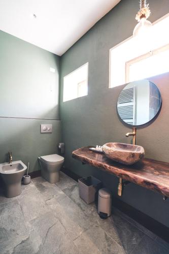 a bathroom with a sink and a toilet and a mirror at Rifugio Pian di Rocchi in Corniolo