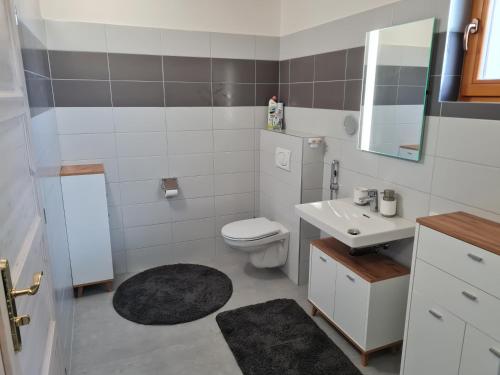 a bathroom with a toilet and a sink and a mirror at Chata Eliška Hrdlička, Čím u Prahy in Čím