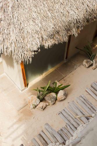 a room with rocks and a thatch roof at Casa Mate BeachFront Cabañas El Cuyo in El Cuyo