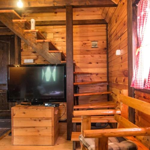 a living room with a tv in a log cabin at Brvnara na bregu in Bajina Bašta