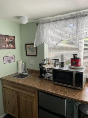 a kitchen counter with a microwave and a sink at Glendale Guest House in Glendale