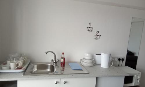 a kitchen counter with a sink and a microwave at 7 Bats in Lincolnshire