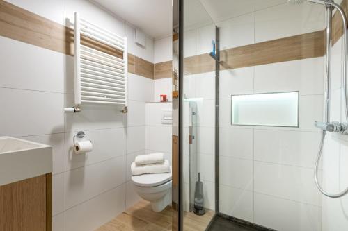 a bathroom with a toilet and a glass shower at Le Repère Des Marmottes in Xonrupt-Longemer