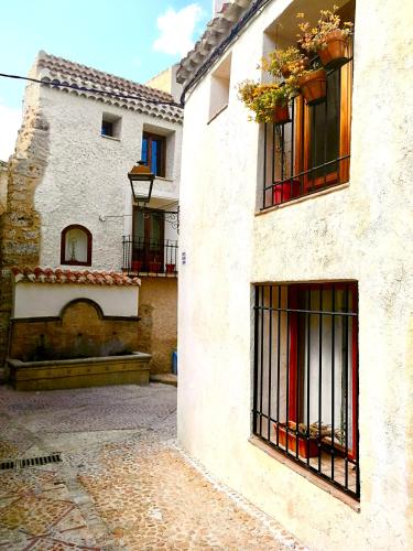 a white building with two windows with plants on them at Casa Rural El Altillo in Letur