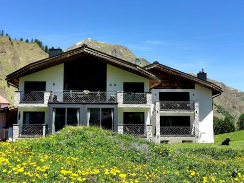 a house on a hill with a field of flowers at Engadin Lodge PREMIUM & PRIVATE in Samnaun