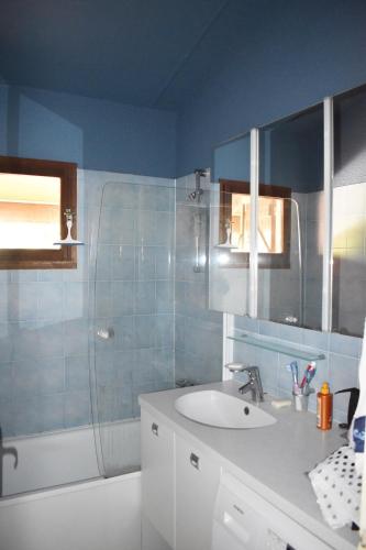 une salle de bain avec un lavabo et une douche dans l'établissement Petit mas au paradis avec piscine pour 6 personnes, à La Londe-les-Maures