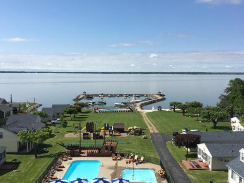 an aerial view of a resort on the water at South Beach Resort Hotel in Marblehead