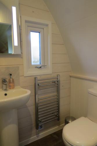 a bathroom with a toilet and a sink and a window at Archers Meadow Shropshire in Ellesmere