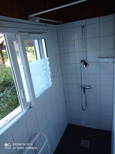 La salle de bains est pourvue d'une douche et d'une fenêtre. dans l'établissement Gîtes la Damiselle, à Lit-et-Mixe