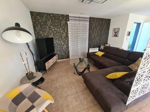 a living room with a couch and a tv at Villa avec piscine sans vis-à-vis in Caux-et-Sauzens