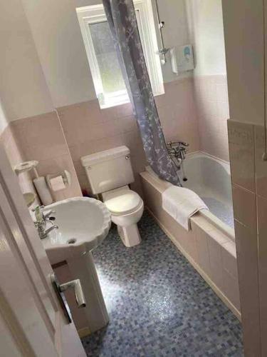 a bathroom with a toilet and a sink and a tub at Modern 2 bedroom house with WIFI in Welwyn Garden City