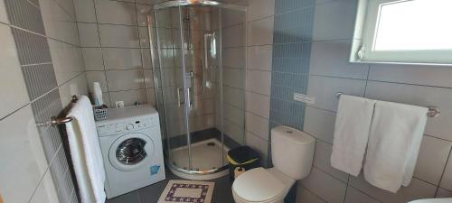 a bathroom with a toilet and a washing machine at Casa de Ponta in Topo
