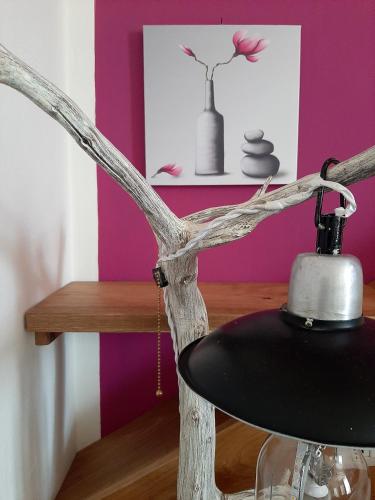 a table with a lamp and a deer antlercussioncussioncussioncussioncussioncussion at B&B degli Allori in Moggiona