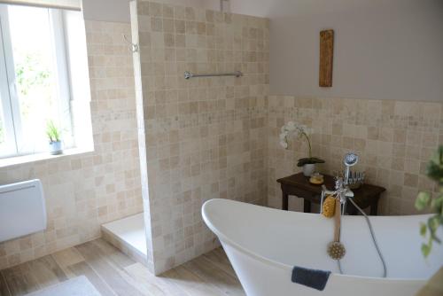 a bathroom with a bath tub and a shower at Le Nid de Louppy in Louppy-sur-Loison